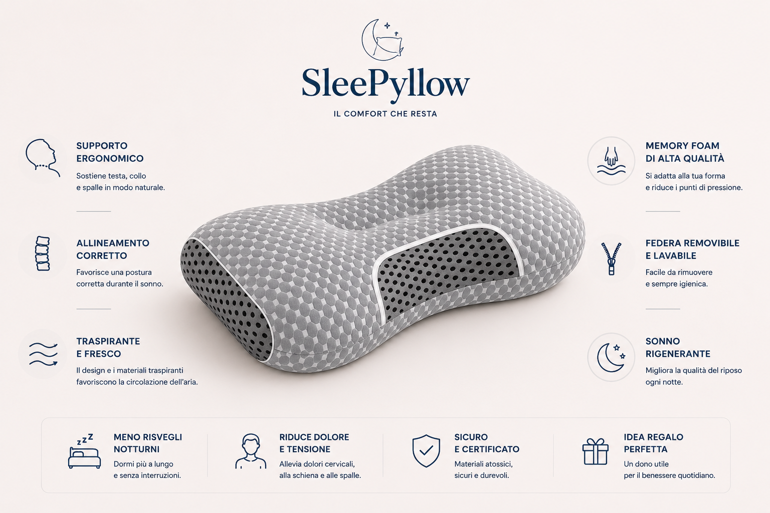 Cuscino Ergonomico Cervicale in Memory Foam - Grigio